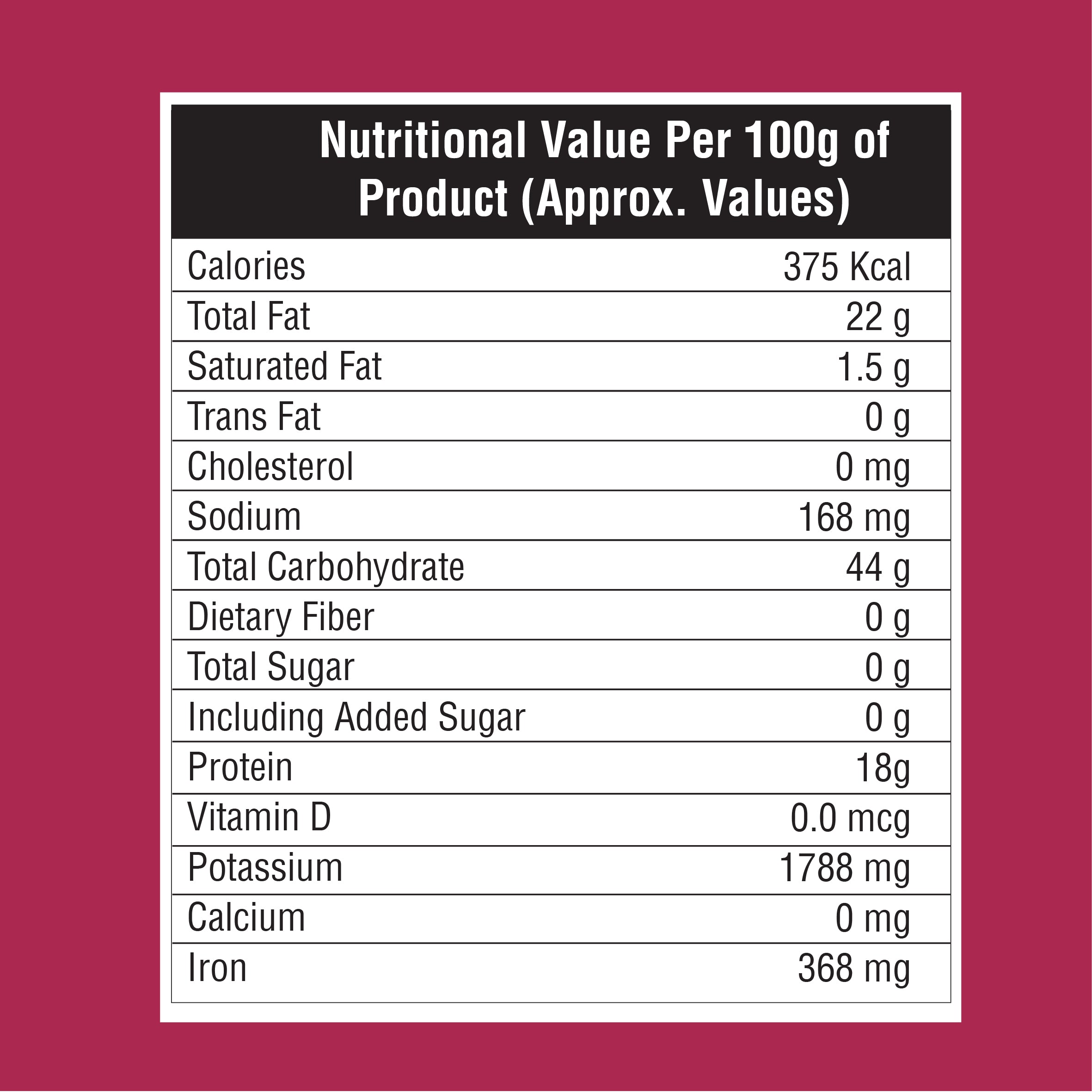 Nutritional value per 100g of product on a red background
