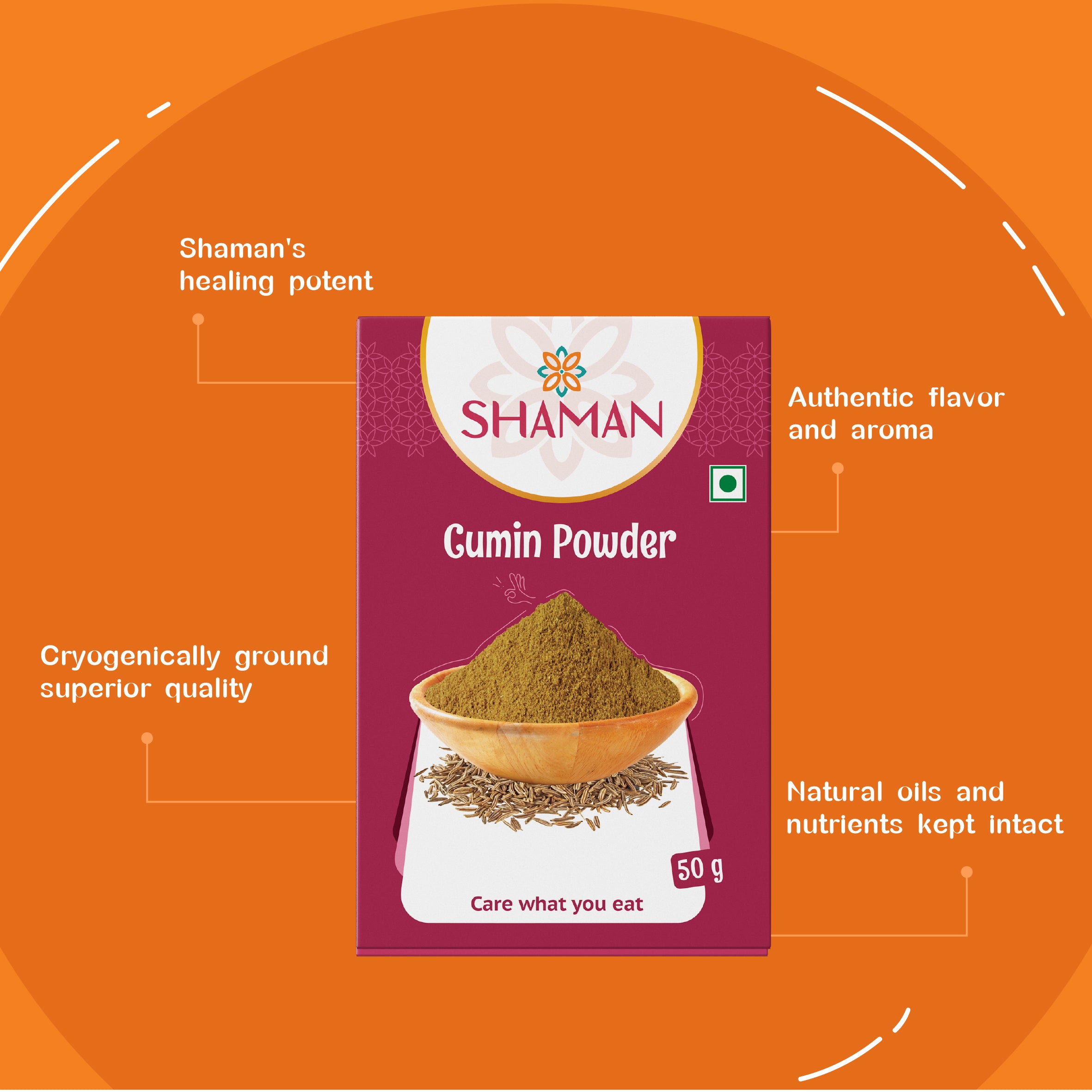 Shaman Gumin Powder packaging on an orange background with text highlighting features.