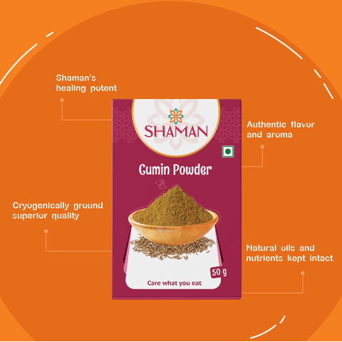 Shaman Gumin Powder packaging on an orange background with text highlighting features.