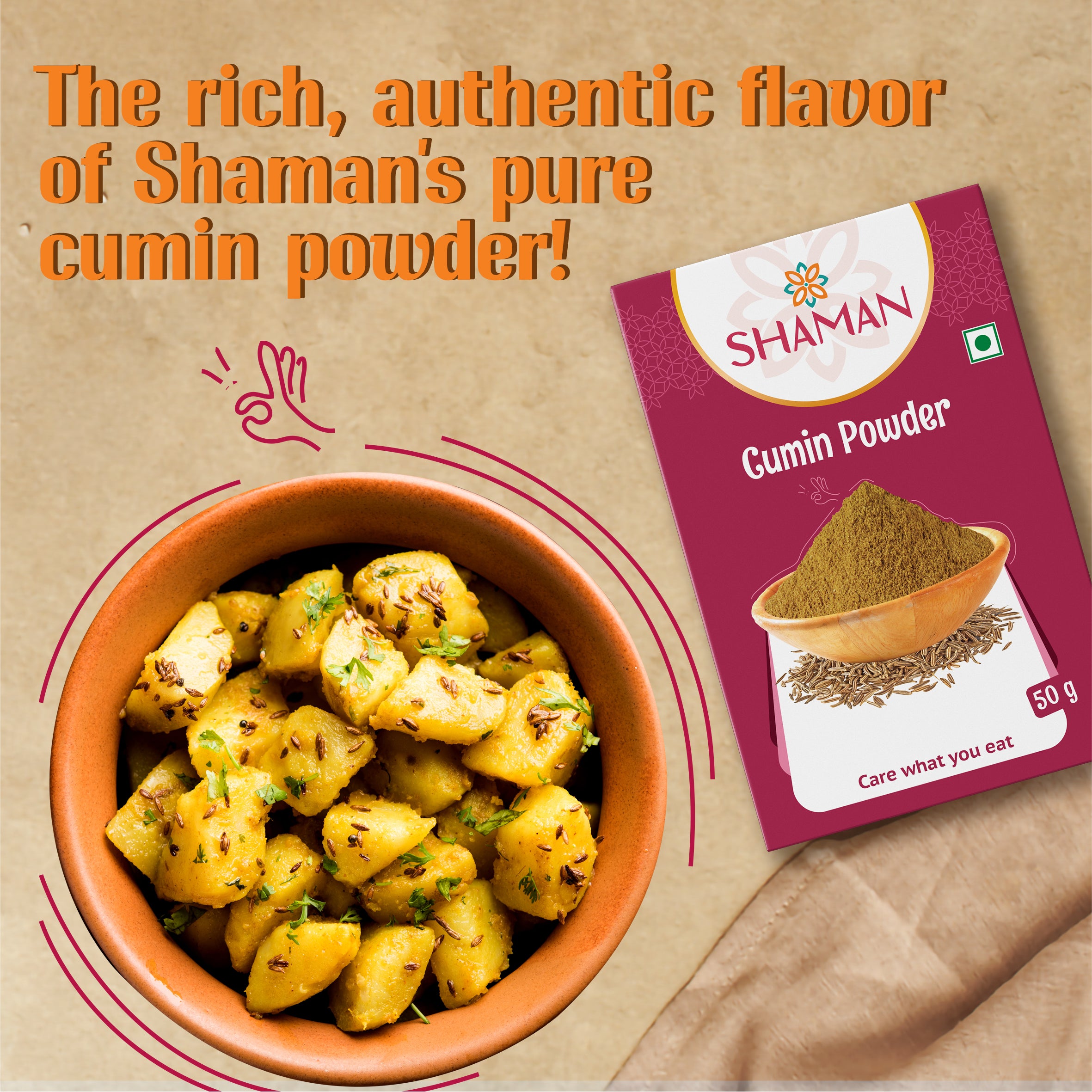Shaman cumin powder packaging with a bowl of food on a brown background