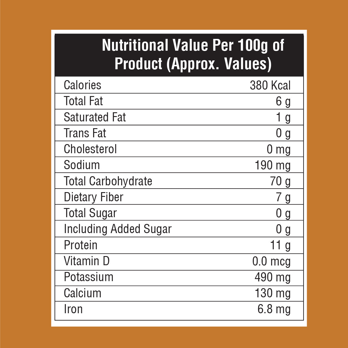 Nutritional value per 100g of product on a label with a brown background