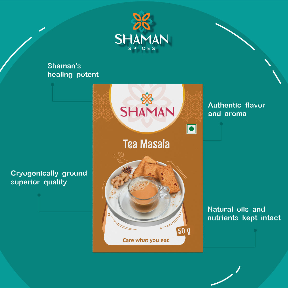 Shaman Tea Masala packaging on a teal background with product features listed.