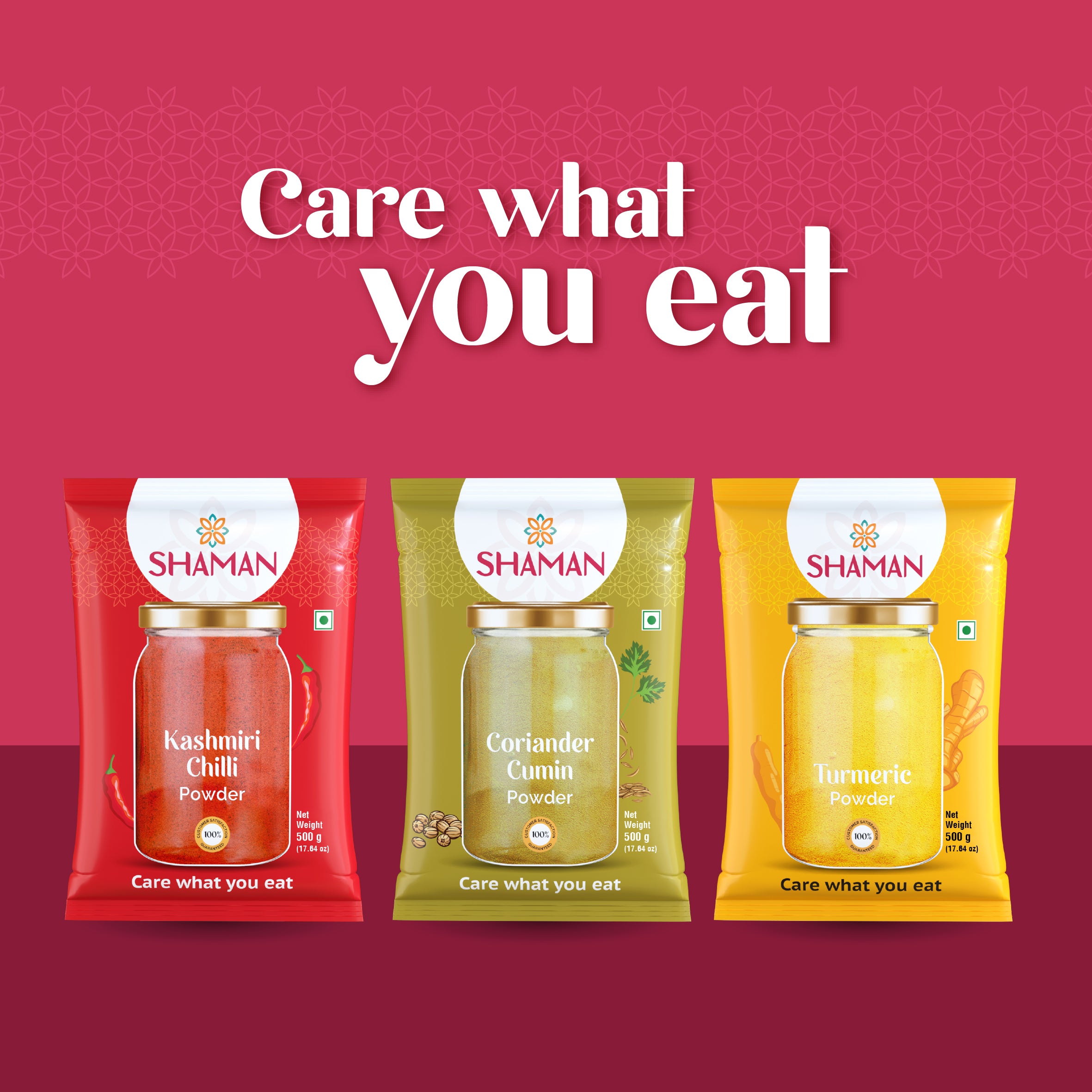 Three packages of Shaman brand spices on a red background with text 'Care what you eat'.