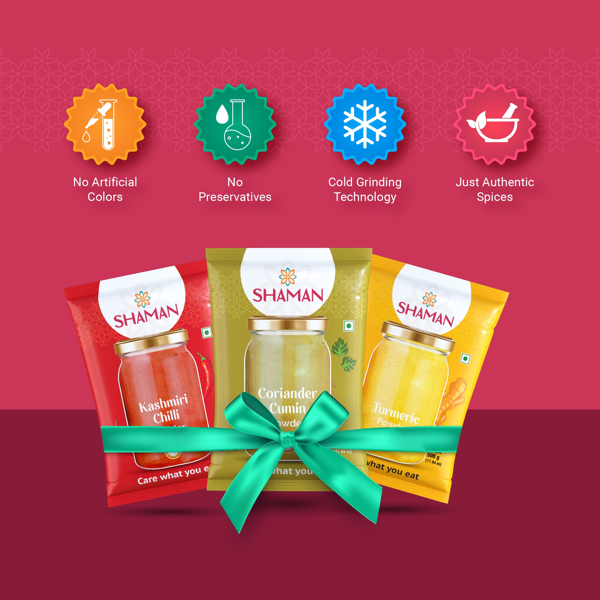 Shaman spice packages with a red and green ribbon on a red background