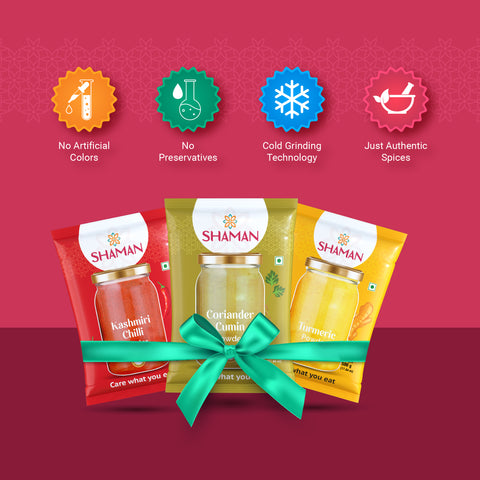 Shaman spice packages with a red and green ribbon on a red background