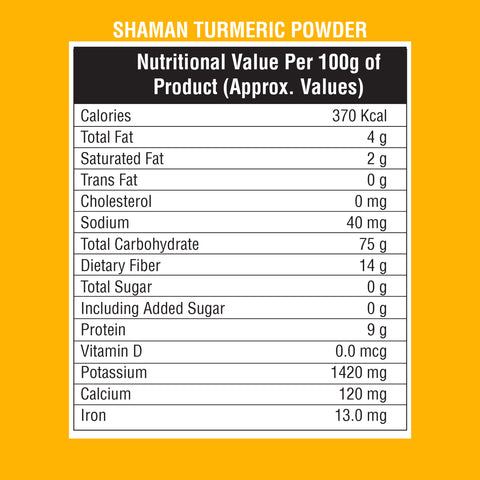 Nutritional label for Shaman Turmeric Powder on a yellow background