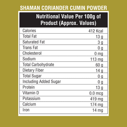 Nutritional value label for Shaman Coriander Cumin Powder on a green background