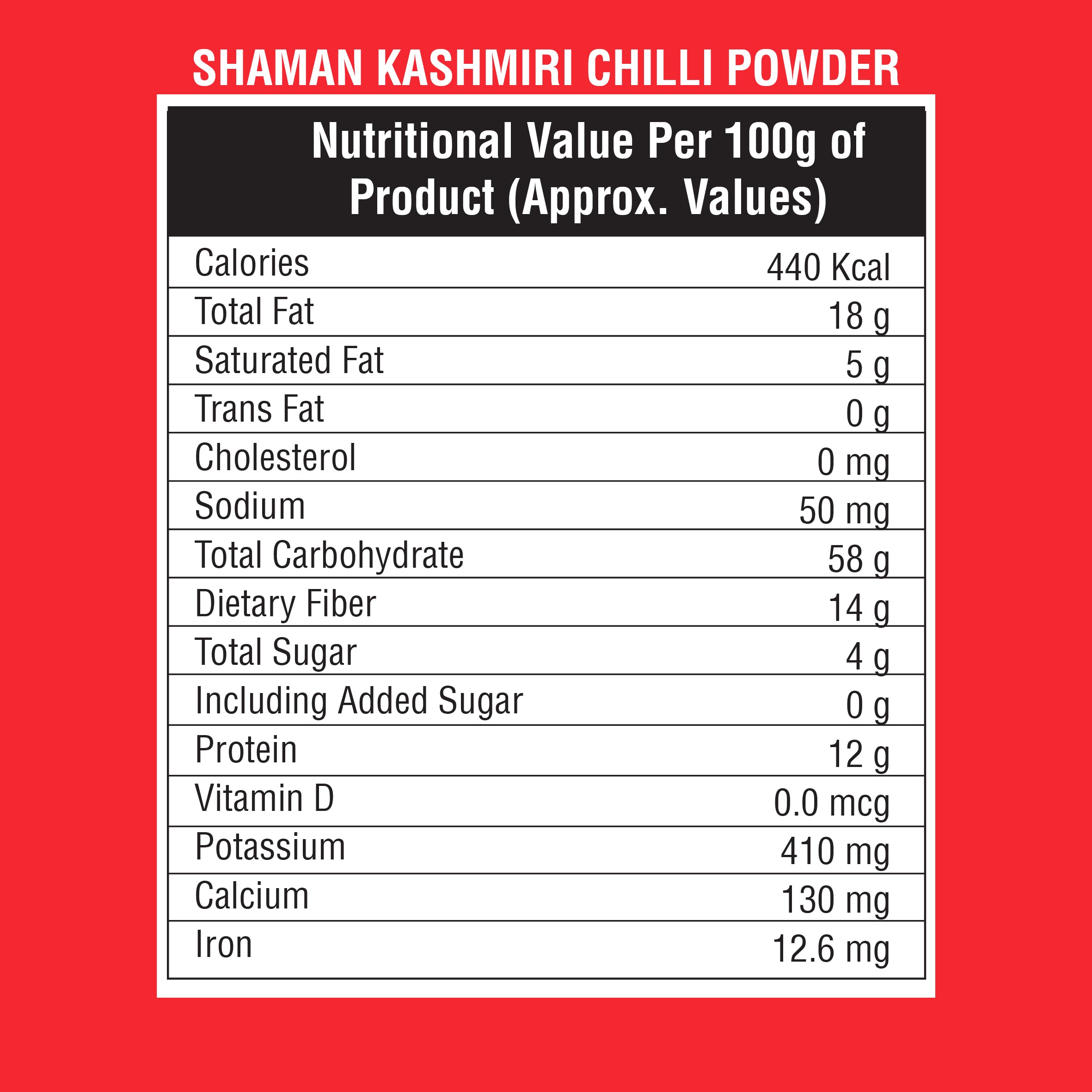 Nutritional label for Shaman Kashmiri Chilli Powder on a red background