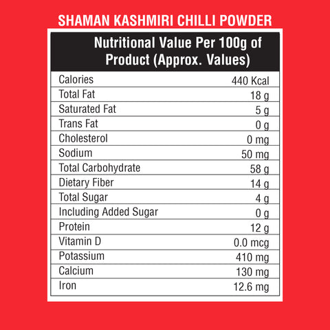 Nutritional label for Shaman Kashmiri Chilli Powder on a red background